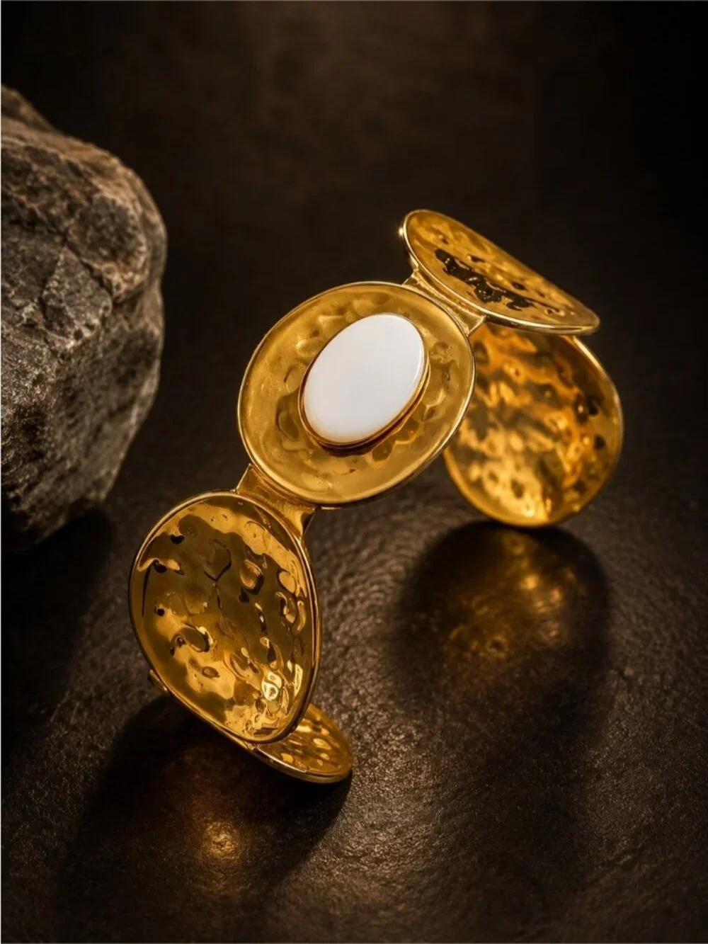 Gold Tone Cuff Bracelet with White Mother-of-Pearl Center